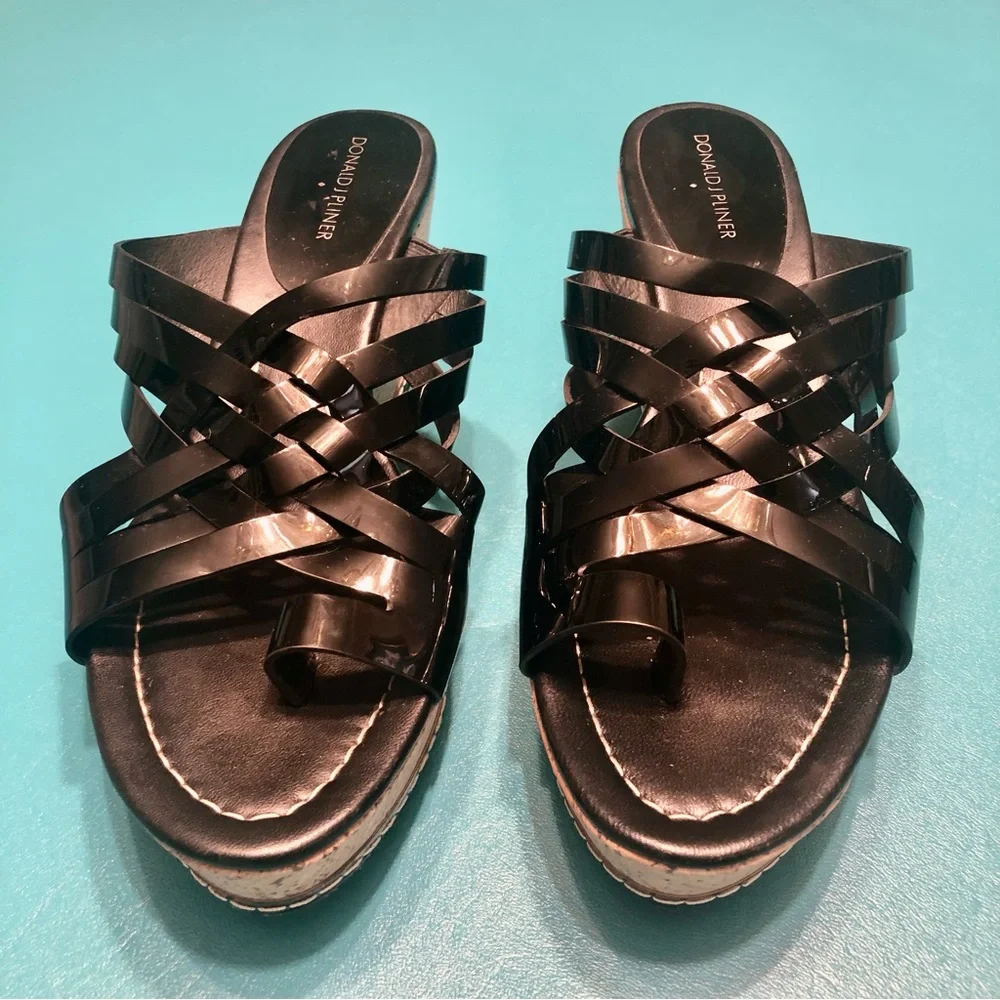 Donald J. Pliner Black Woven Leather Cork Wedge Sandals
